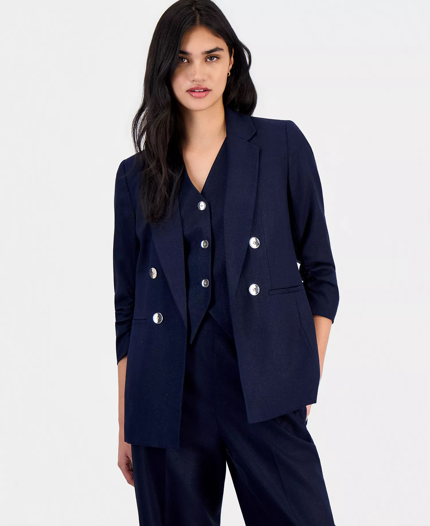 mni-8ce4c134f2a49123ec9e558a7c1f4c50 Women's Linen-Blend Scrunch-Sleeve Blazer, Button-Front Vest & Pull-On Pants, Macy's Exclusive — изображение 4
