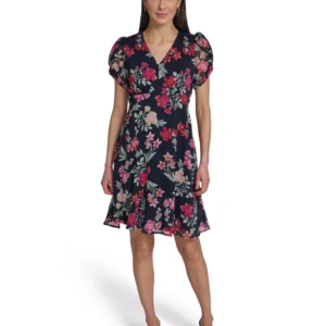 Petite Knot-Sleeve Printed Dress