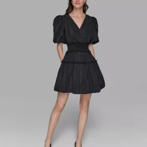 Women's Short-Sleeve Taffeta Fit & Flare Dress