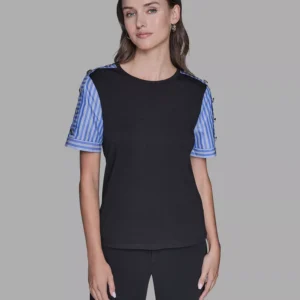 Women's Pinstripe-Sleeve Pull-On Blouse