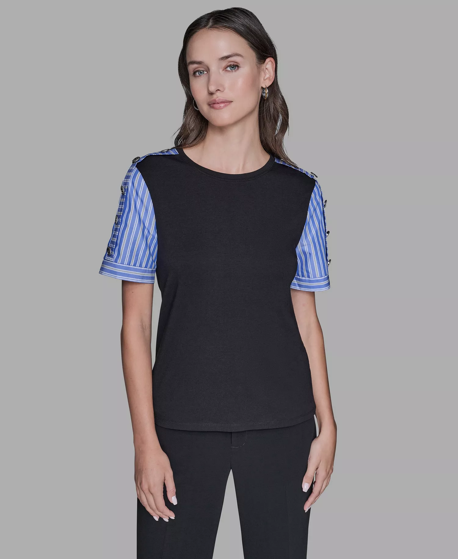 mni-901d229f915bb971817bfcaa53ba6fe7 Women's Pinstripe-Sleeve Pull-On Blouse