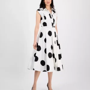 Women's Dot-Print Belted Fit & Flare Dress