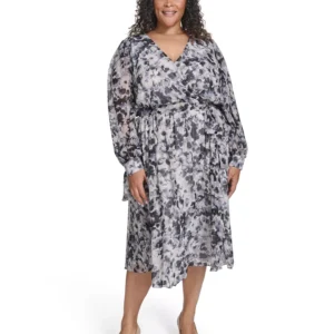 Plus Size Tie Sleeve Chiffon Pull-On Midi Dress