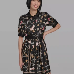 Women's Printed Collared Belt Shirt Dress