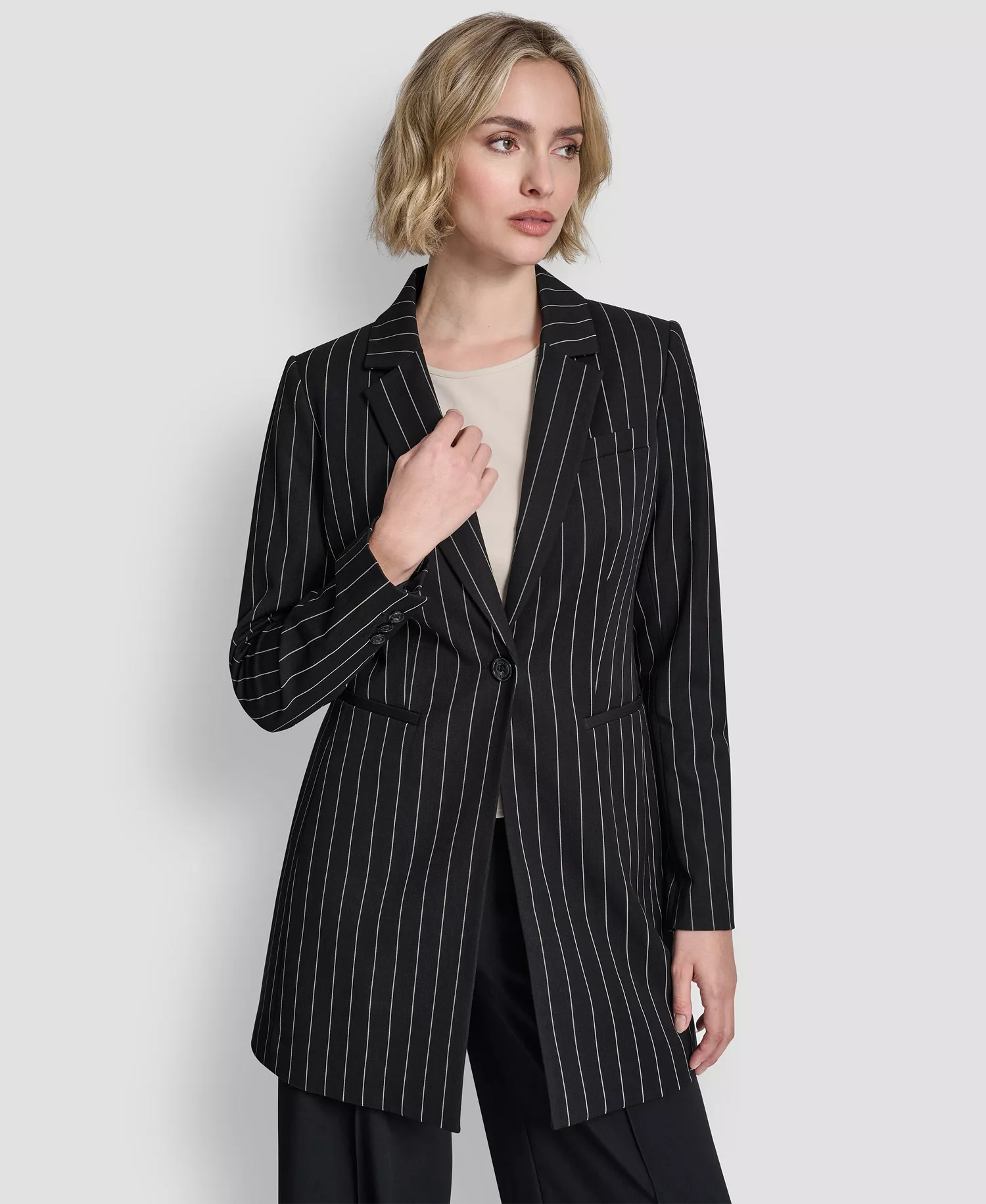 mni-92382187993a1bfc99fc91d1aef7935b Women's One-Button Notch Collar Jacket, Crew Neck Zip Up Top and Pintuck Wide Leg Pants