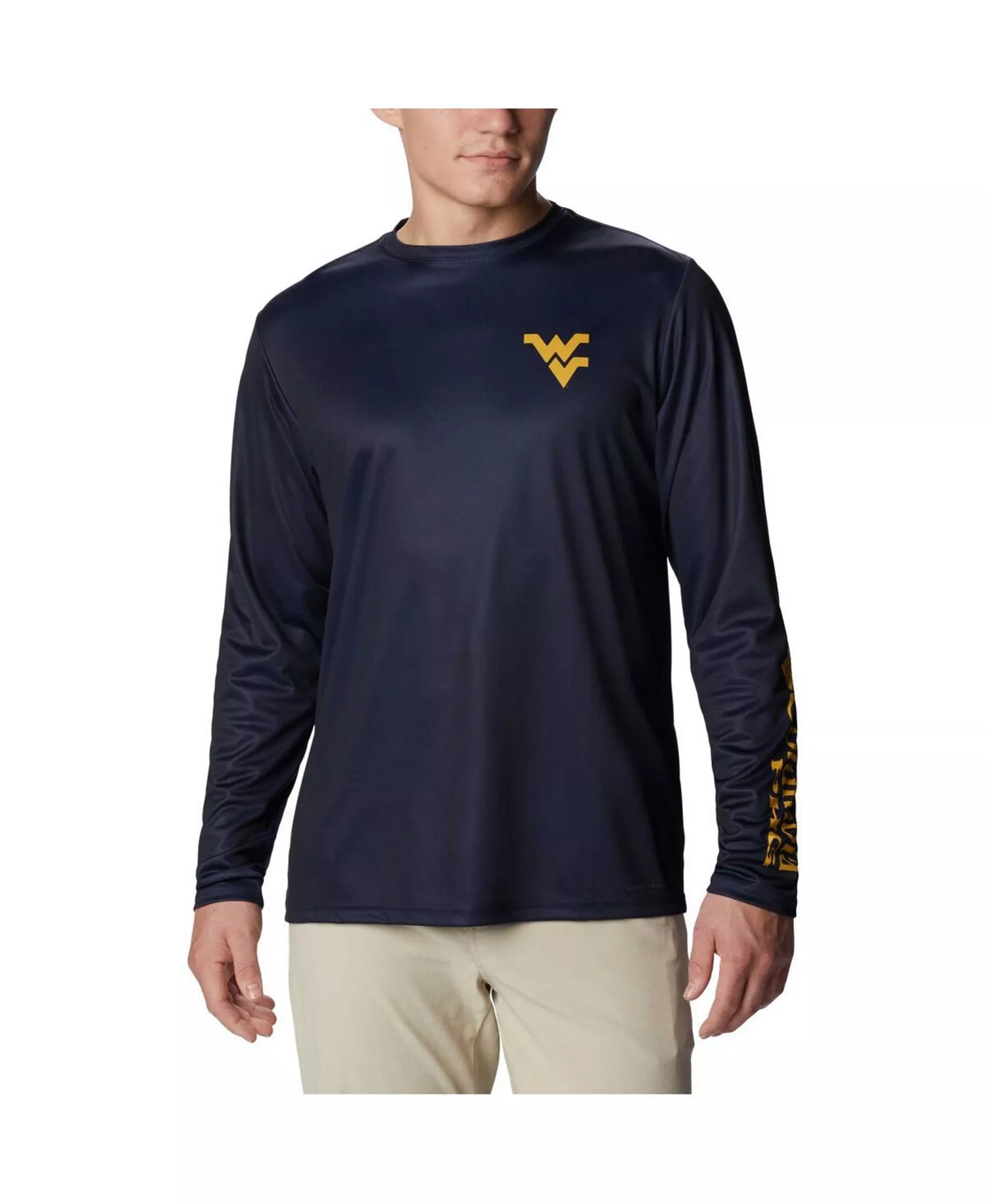 mni-9243e8ab6b38344b7a5ccfbaa575dd75 Men's Navy West Virginia Mountaineers Terminal Shot Omni-Shade Omni-Wick Long Sleeve T-shirt