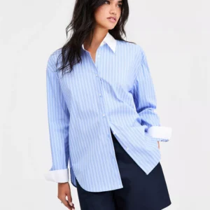 Women's Contrast-Collar Striped Shirt, Macy's Exclusive