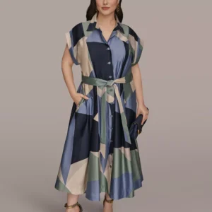 Plus Size Printed Collared Shirt Dress