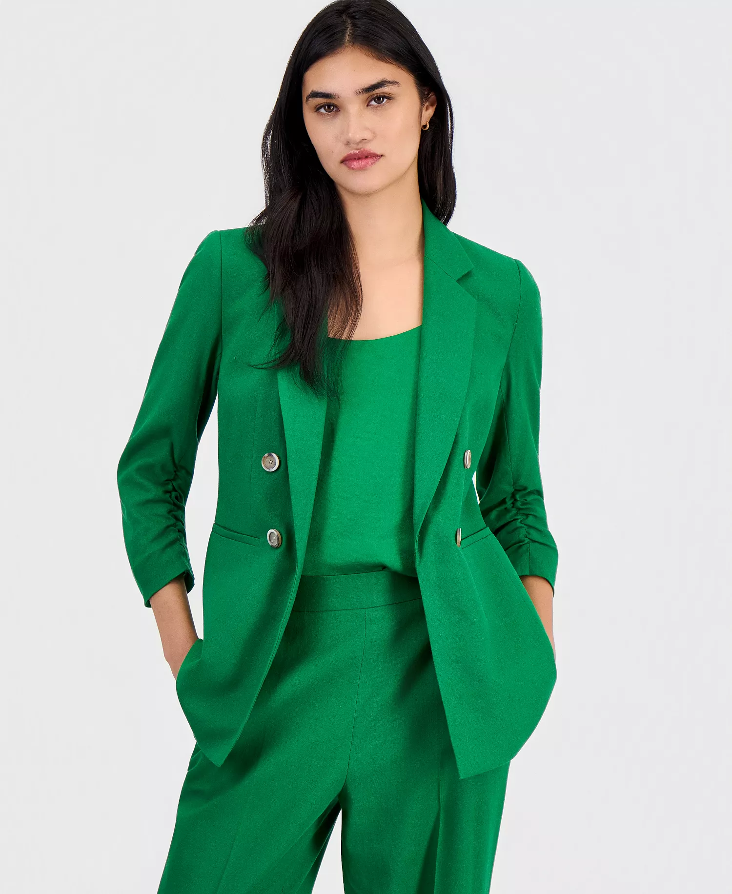 mni-98b86f56b88cc5070b575e2718204970 Women's Linen-Blend Scrunch-Sleeve Blazer, Button-Front Vest & Pull-On Pants, Macy's Exclusive — изображение 3
