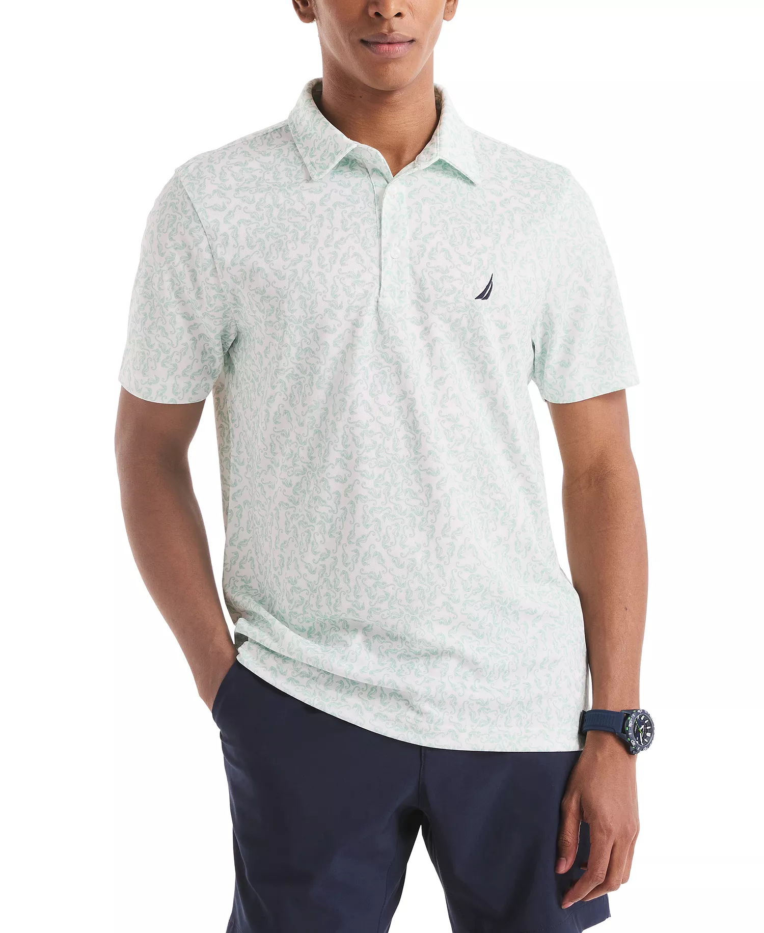 mni-9a85c58260012100e4daac5ed6fea864 Men's Classic-Fit Seahorse-Print Birdseye Interlock Performance Golf Polo Shirt