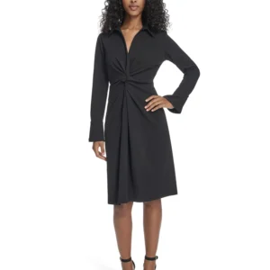 Women's Petite Collar Long-Sleeve Midi Shirtdress