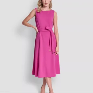 Women's Sleeveless Boat Neck Scuba Crepe Midi Dress