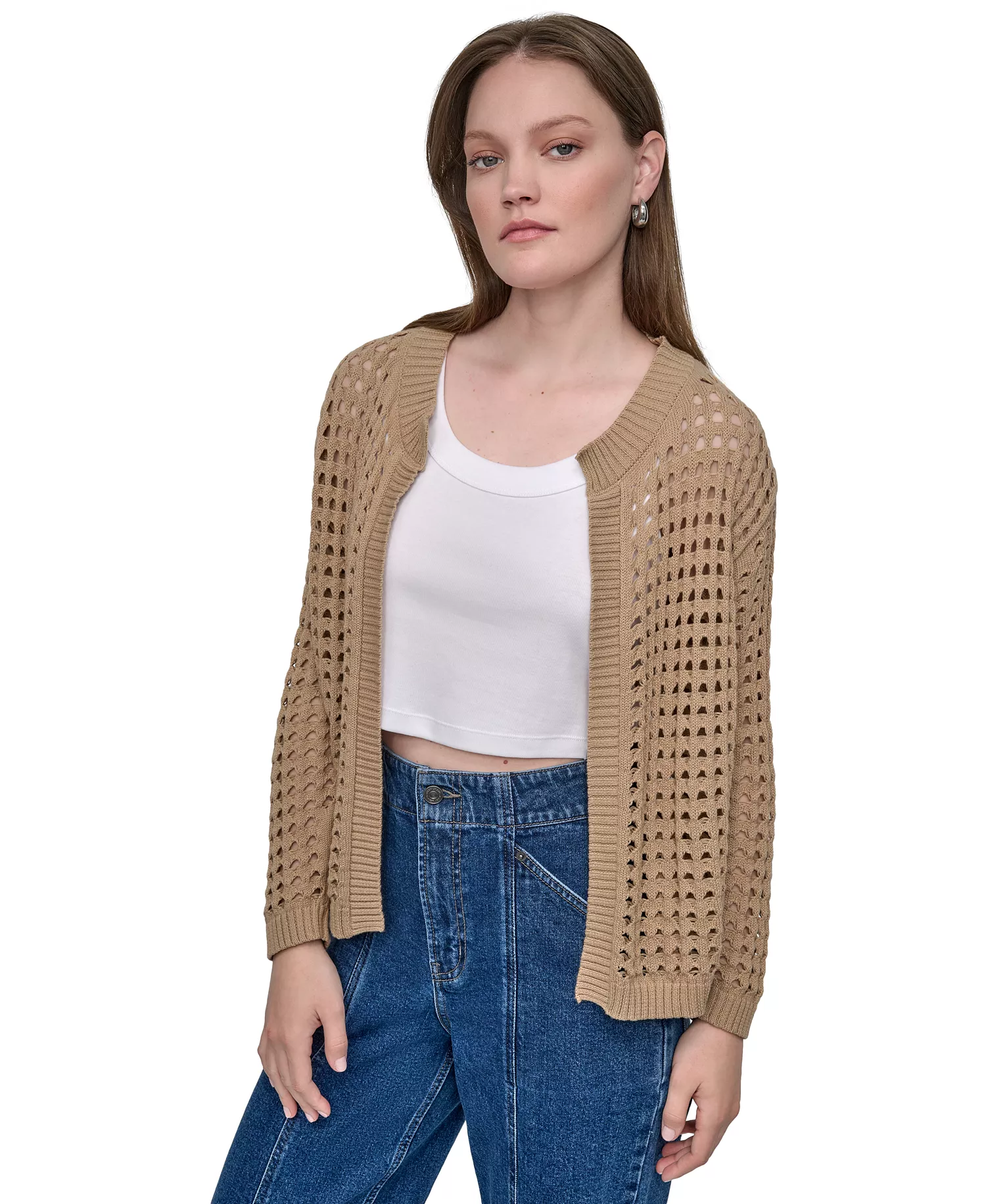 mni-9b85d63c0b7c4f446eebec0cbadc2787 Women's Open-Stitch Drop-Shoulder Cardigan Sweater — изображение 4