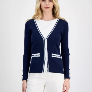 Women's Contrast-Trim Ribbed Knit Button-Front Cardigan