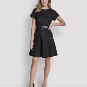 Women's Short Sleeve Jewel Neck Flounce Hem Dress