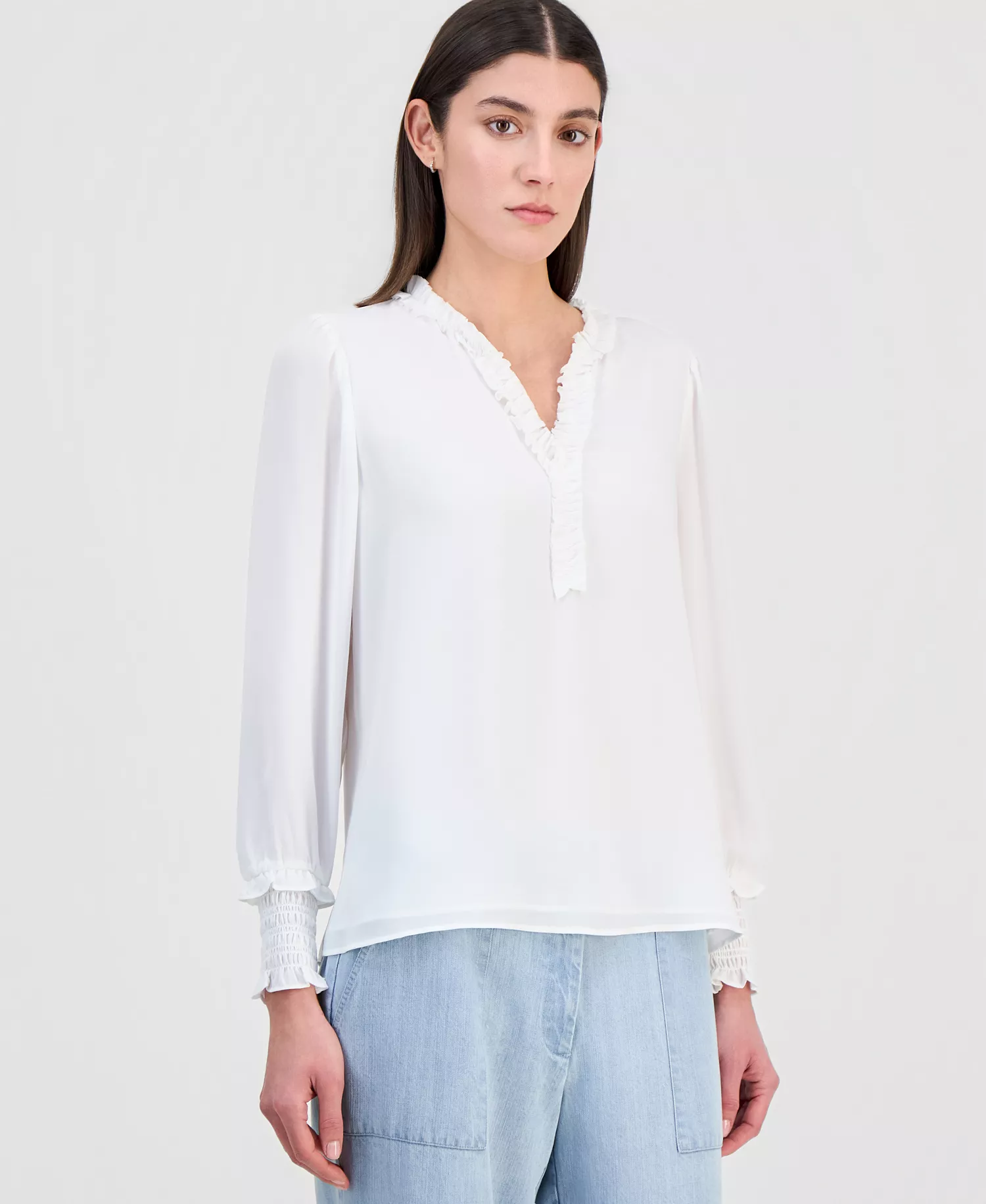 mni-9bec514293ba8bc9f82037a0cadb3d21 Women's Chiffon Split-Neck Ruffled Blouse