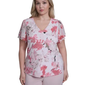 Plus Size Printed V-Neck Short-Sleeve Top