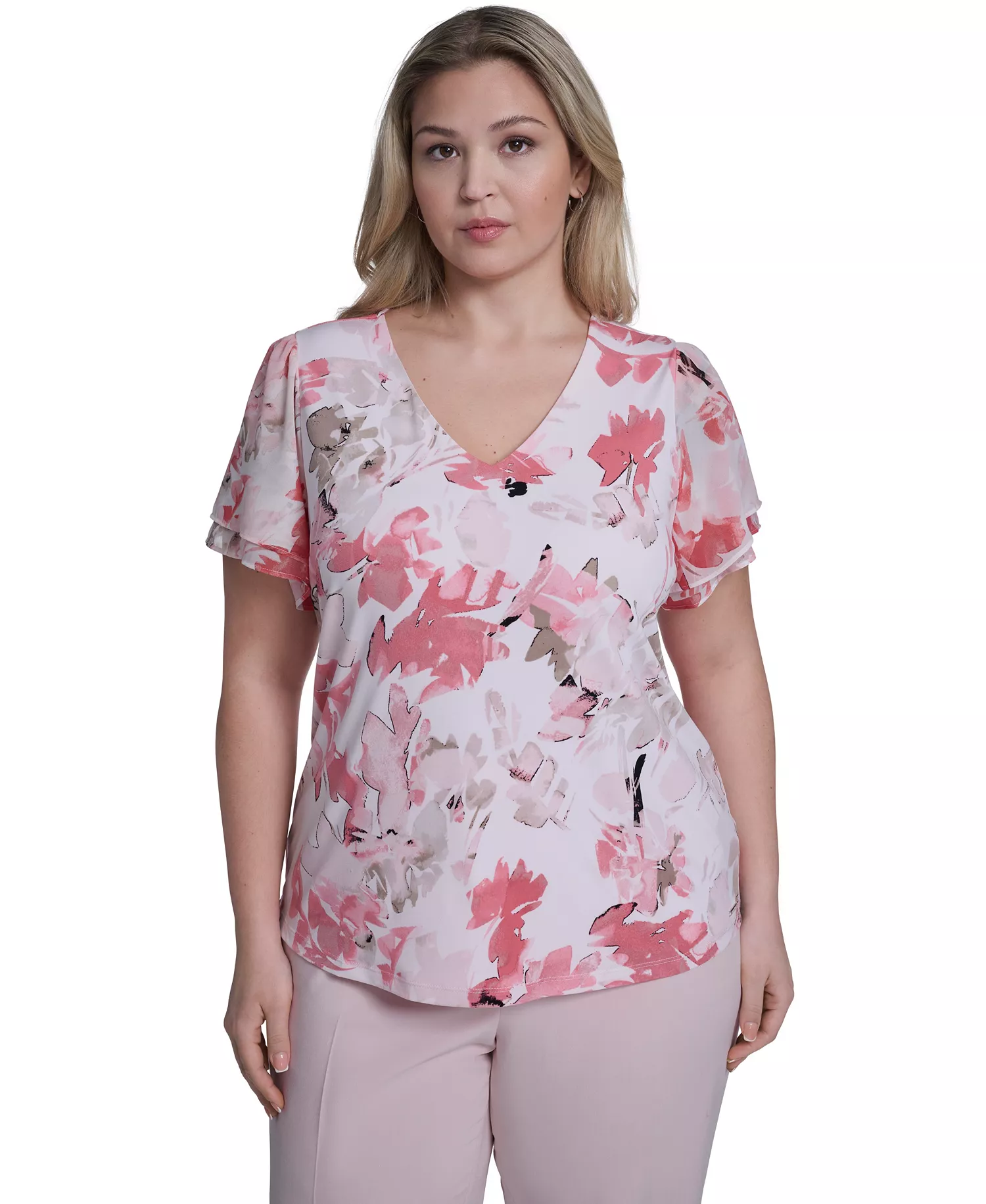 mni-9c075f691695428f1571c0c5f9d37bfa Plus Size Printed V-Neck Short-Sleeve Top