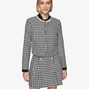 Women's Convertible Rhinestone-Collar Houndstooth Jacket