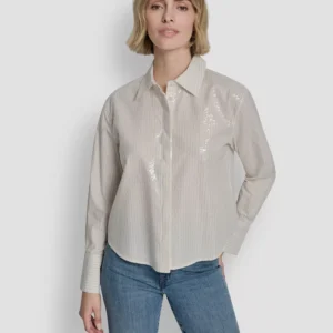 Women's Logo Embroidery and Sequin Button-Front Shirt