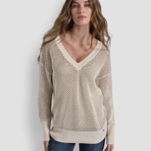 Women's Long-Sleeve V-Neck Open Stitch Lurex Sweater With Logo Charm