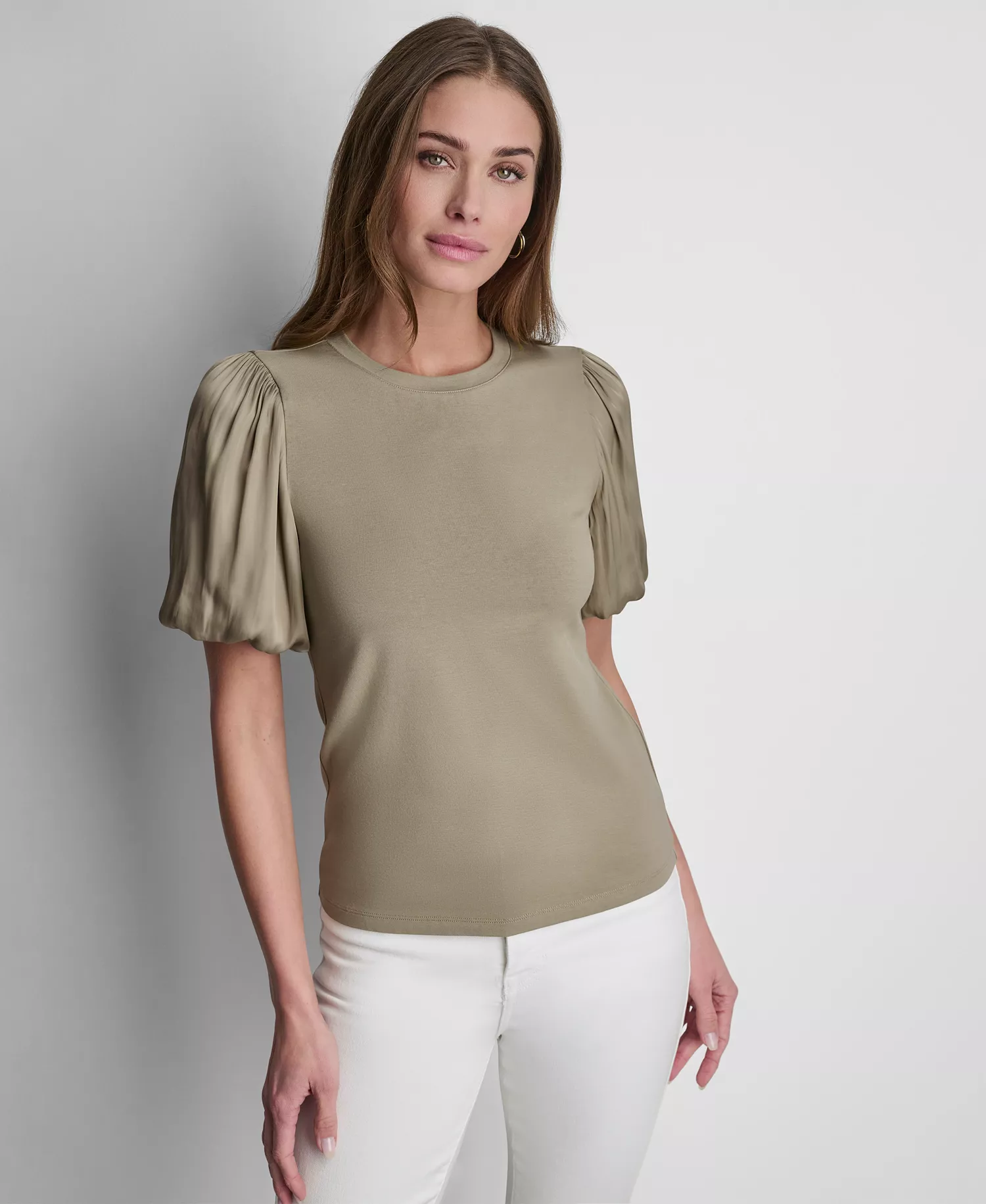 mni-9f1131ebefe7b531697da88d6bfbd588 Women's Puffed Crew Neck Mix Media Knit Top — изображение 5