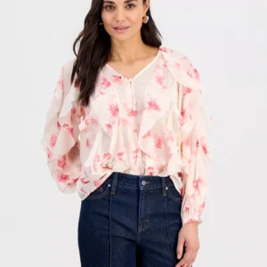 Petite V-Neck Ruffled Blouse, Created for Macy's