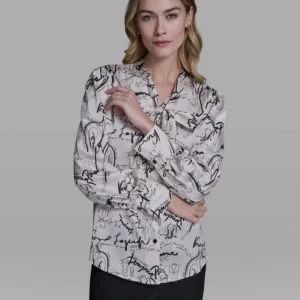 Women's Printed Tie-Neck Long-Sleeve Top