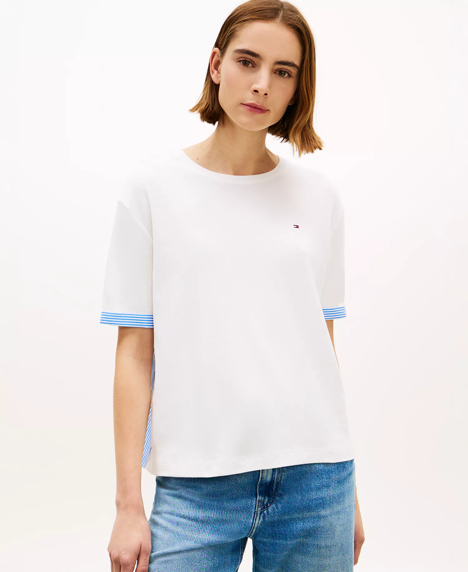 mni-a2ac4e05bbbba6dd3f6514ff9181cdbd Women's Rib Mixed Media Back Short-Sleeve T-Shirt