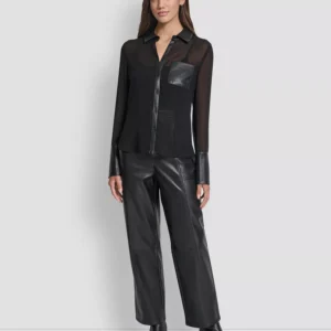 Women's Faux-Leather Trim Sheer-Mesh Shirt