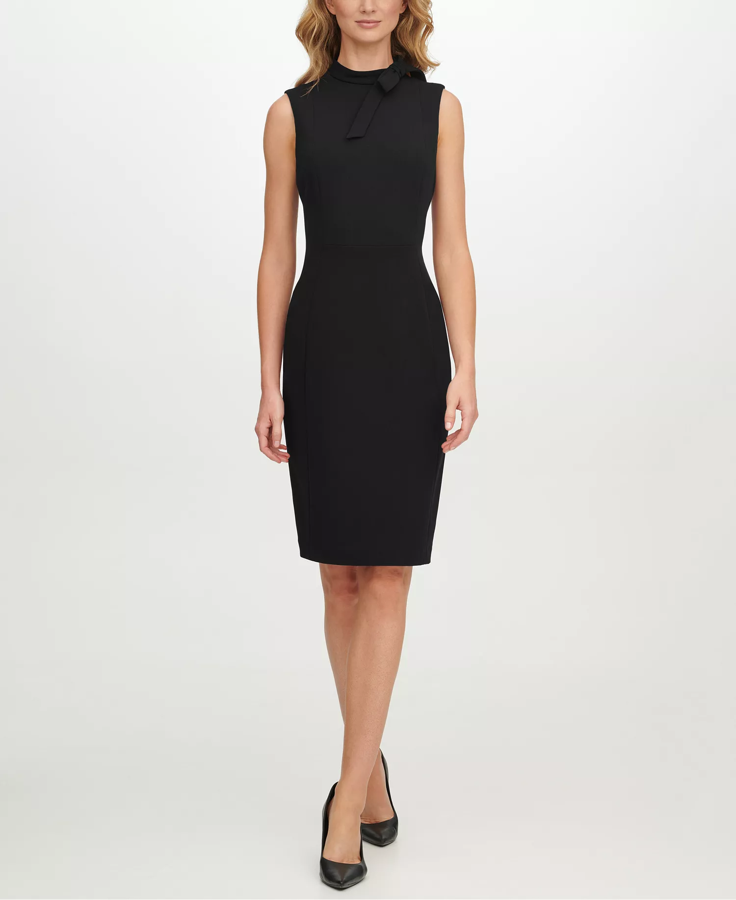 mni-a556b1232383dd1f2f52ec5010a914cd Petite Bow-Neck Sheath Dress