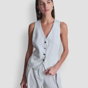 Women's Striped Sleeveless Button-Down Vest