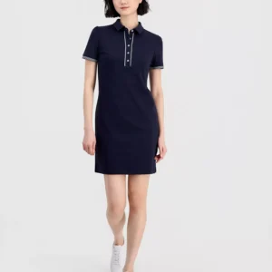 Jeans Women's Cotton Solid Puff-Sleeve Polo Dress