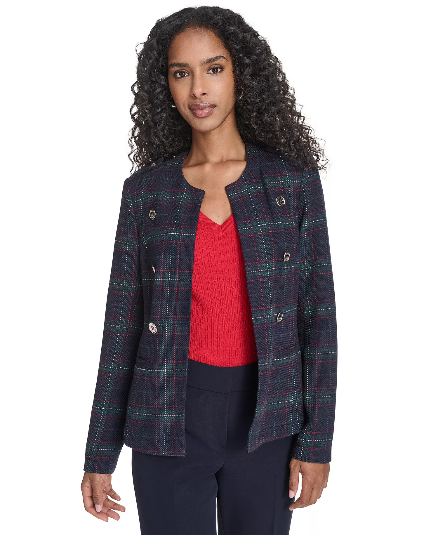 mni-a6a88cc5f981c3b2c2ac8d16f6eec010 Women's Windowpane Open Front Band Jacket
