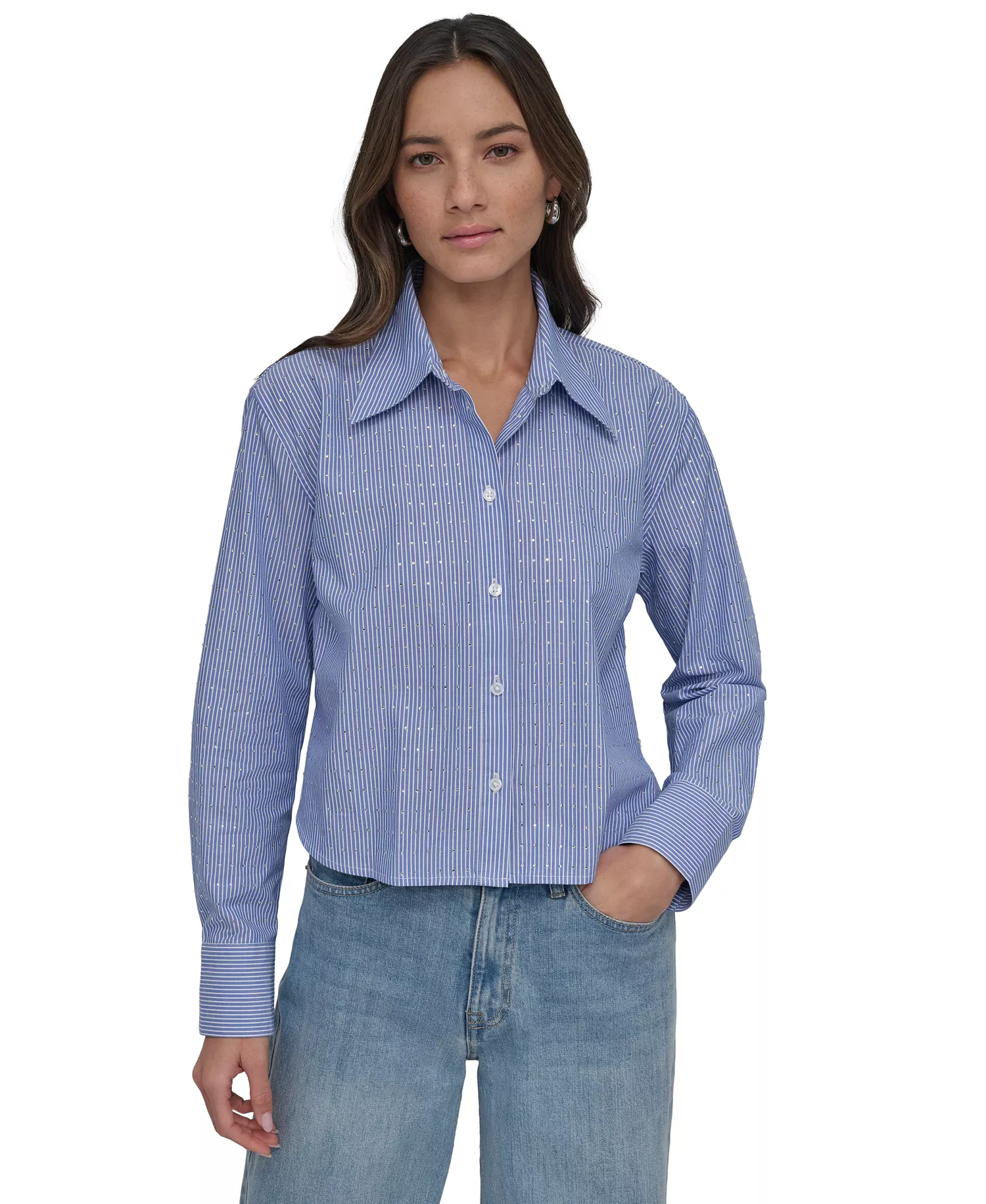 mni-a8431e0de49229487e95a07624cab095 Women's Striped Poplin Studded Rhinestone Cotton Long-Sleeve Button-Front Shirt