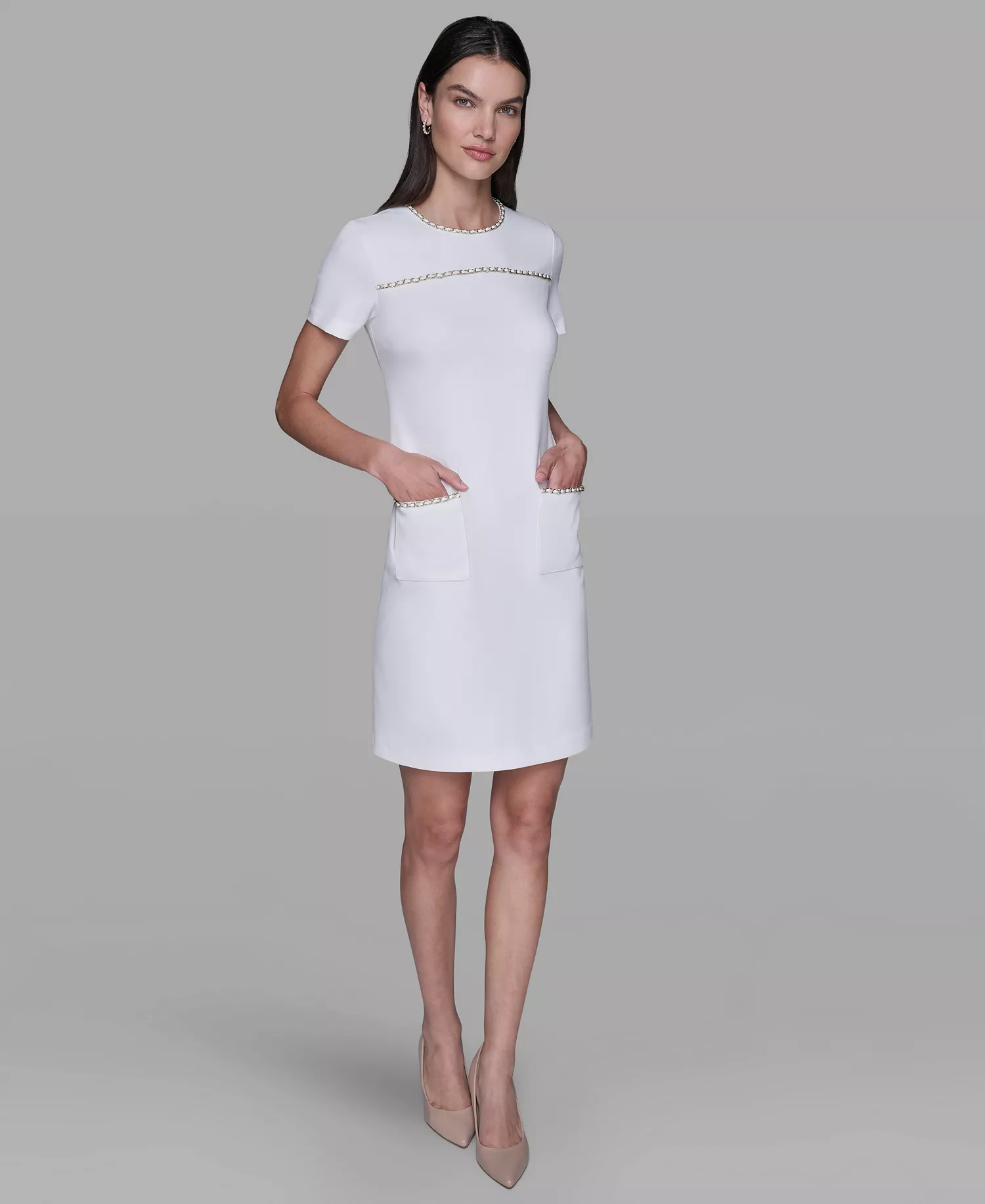 mni-a8a3620b0f0bebf2840313220ad6e8ab Women's Crew Neck Chain Detail Shift Dress