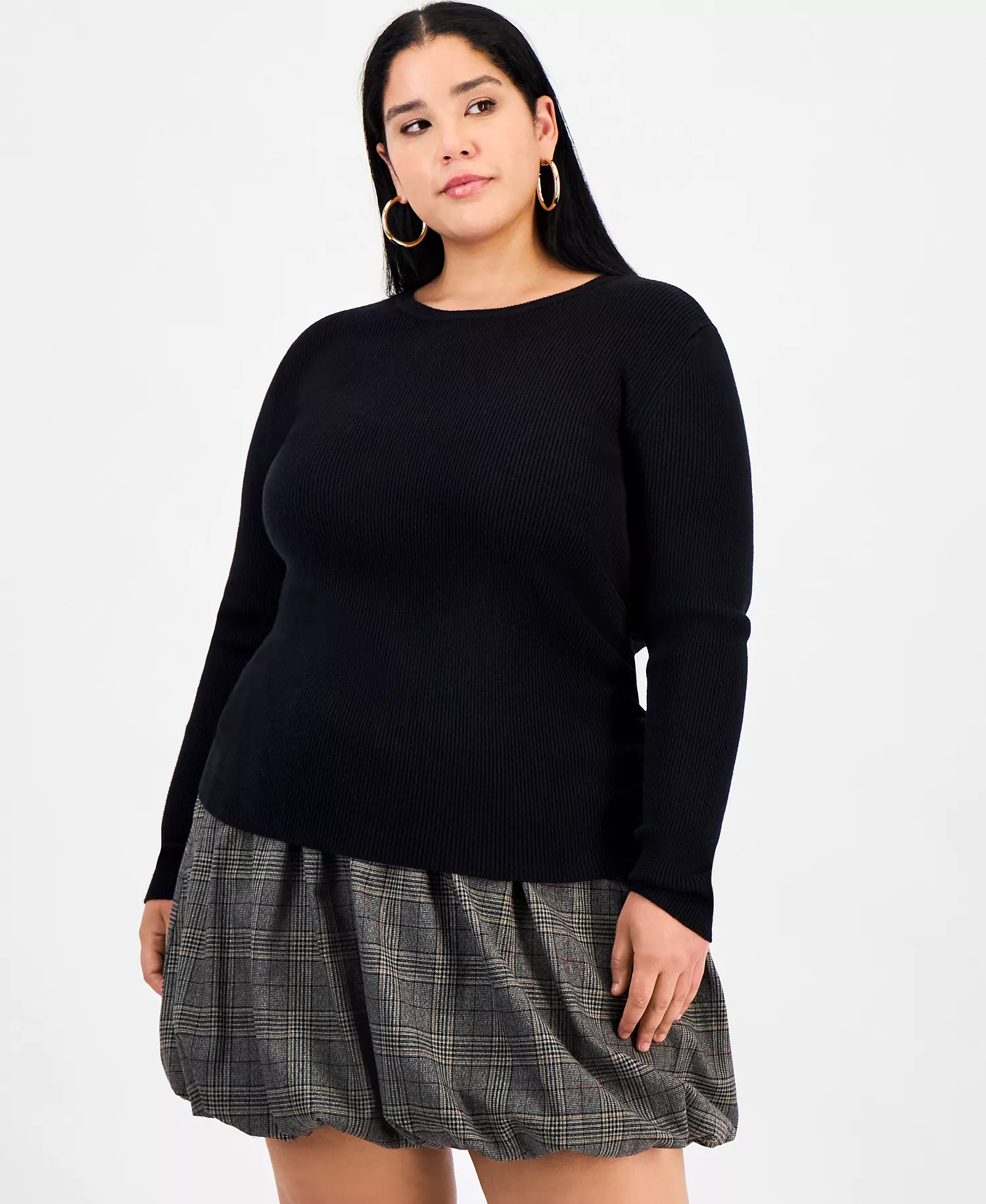 mni-ab8f80f43f96bc102589e3d86d808b25 Trendy Plus Size Long Sleeve Ribbed Knit Top, Macy's Exclusive