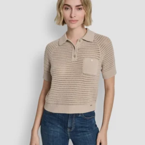 Women's Short-Sleeve Polo Collar Faux Crochet Stitch Sweater