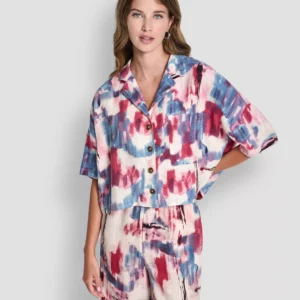 Women's Printed Short Sleeves Convertible Collar Top