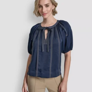 Women's Puff-Sleeve Top Stitch Tie-Front Top