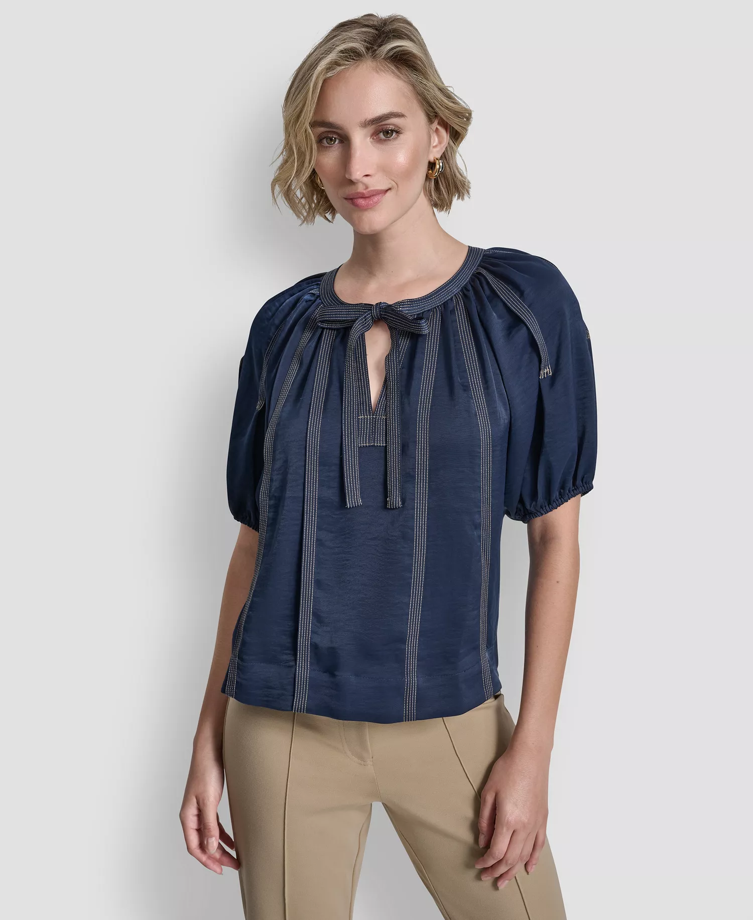 mni-ac818e5ae3367756d0b2f88d17313039 Women's Puff-Sleeve Top Stitch Tie-Front Top