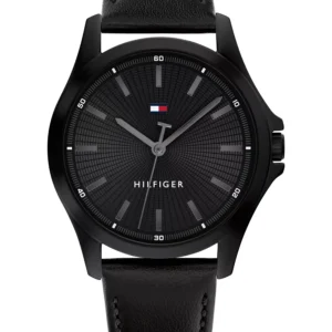 Men's Quartz Black Leather Strap Watch, 43mm