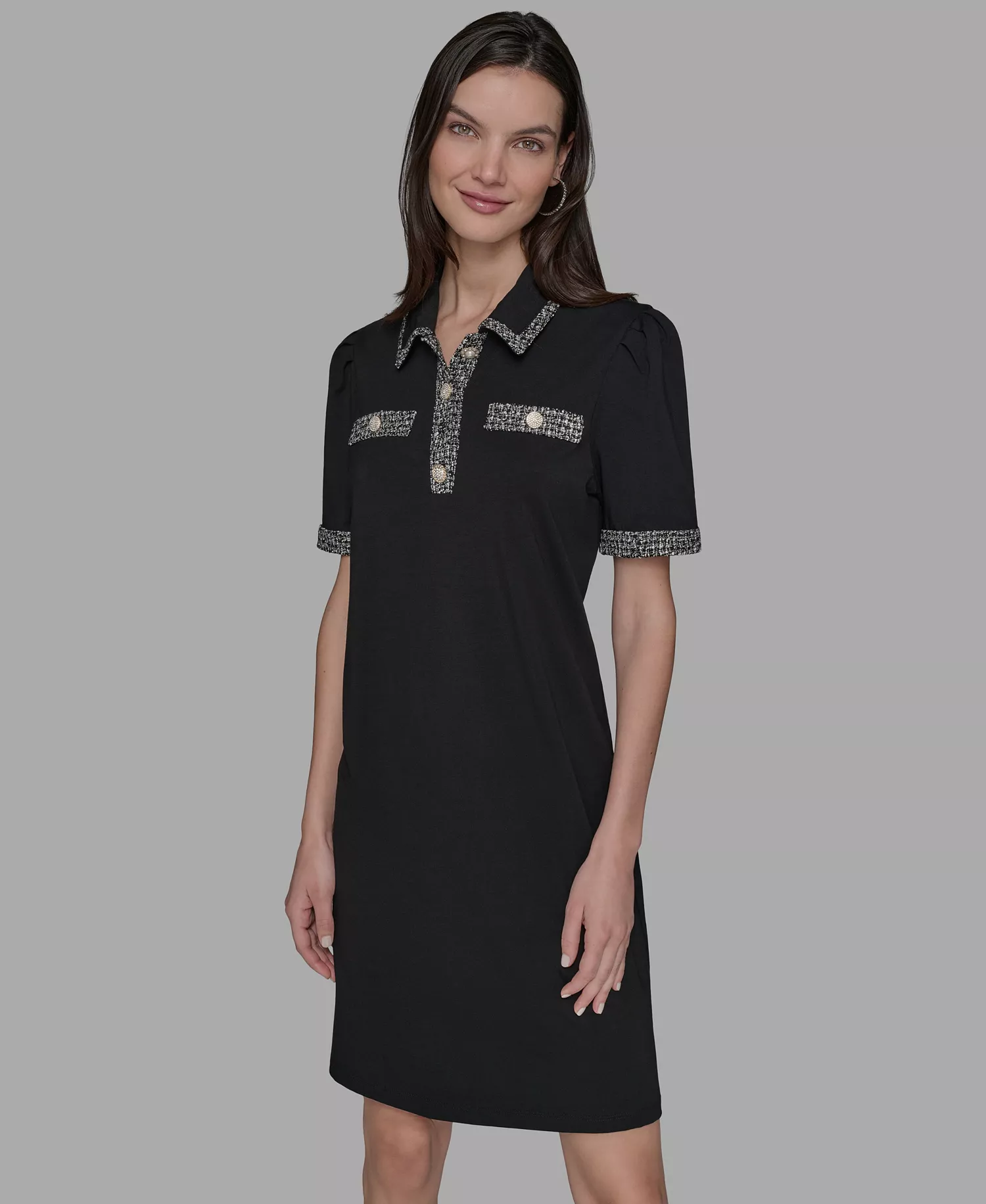 mni-ad7058f2bdc725255c7d7e29c33b3701 Women's Tweed-Trim Button-Front Dress