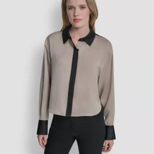 Women's Woven Color-Blocked Long-Sleeve Blouse