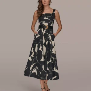 Women's Sleeveless Square Neck Floral A-Line Midi Dress