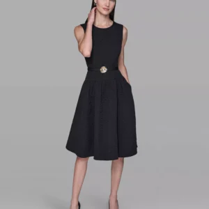 Women's Floral Crew Neck Belted Dress