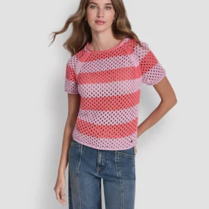 Women's Short-Sleeve Raglan Stripe Pointelle Pull-On Sweater