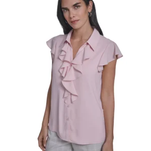 Women's Solid Cap-Sleeve Ruffle Front Top