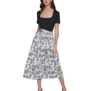 Women's Mixed-Media Short-Sleeve Midi Dress