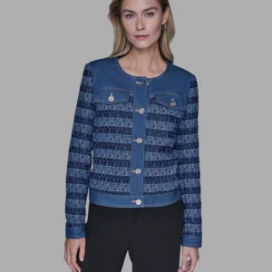 Women's Crewneck Tweed and Denim Jacket